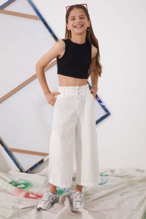 Beyaz Yüksek Bel Armürlü Kız Çocuk Pantolon 18926
