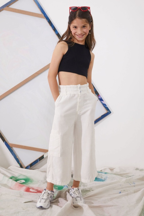 Beyaz Yüksek Bel Armürlü Kız Çocuk Pantolon 18926