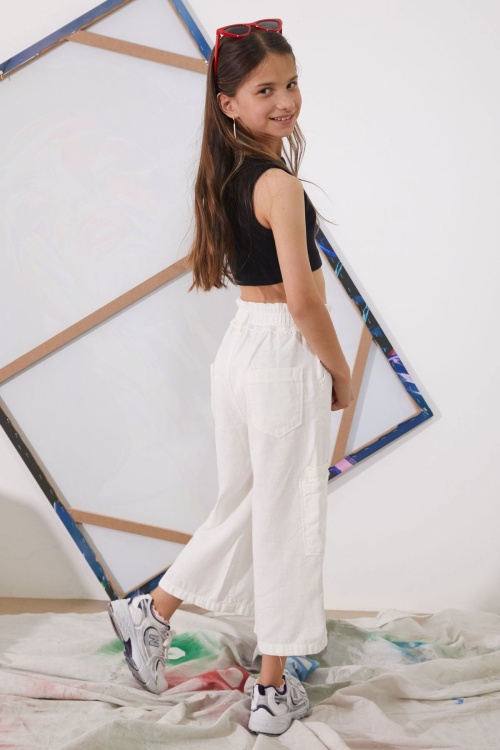 Beyaz Yüksek Bel Armürlü Kız Çocuk Pantolon 18926