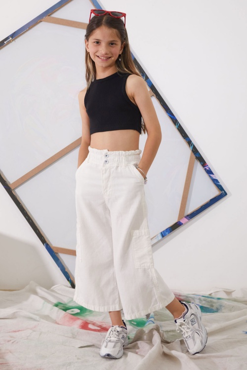 Beyaz Yüksek Bel Armürlü Kız Çocuk Pantolon 18926