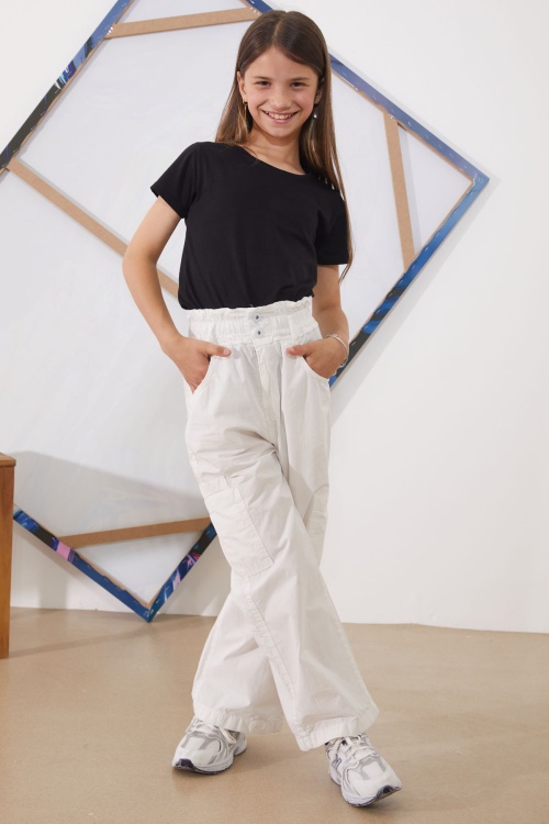 Beyaz Yüksek Bel Çift Cepli Kız Paraşüt Pantolon 18931