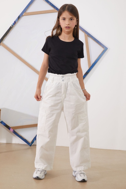Beyaz Yüksek Bel Çift Cepli Kız Paraşüt Pantolon 18931