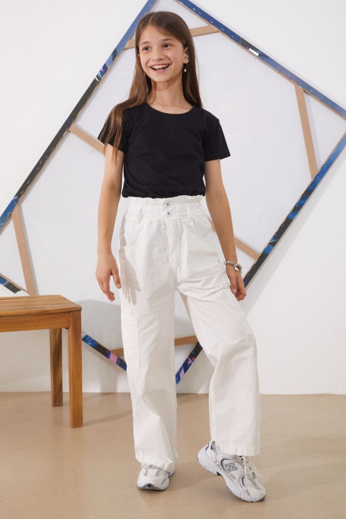 Beyaz Yüksek Bel Çift Cepli Kız Paraşüt Pantolon 18931