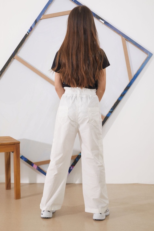 Beyaz Yüksek Bel Çift Cepli Kız Paraşüt Pantolon 18931