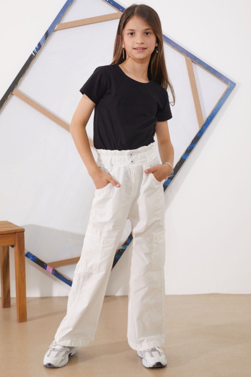 Beyaz Yüksek Bel Çift Cepli Kız Paraşüt Pantolon 18931