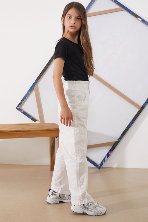 Beyaz Yüksek Bel Çift Cepli Kız Paraşüt Pantolon 18931