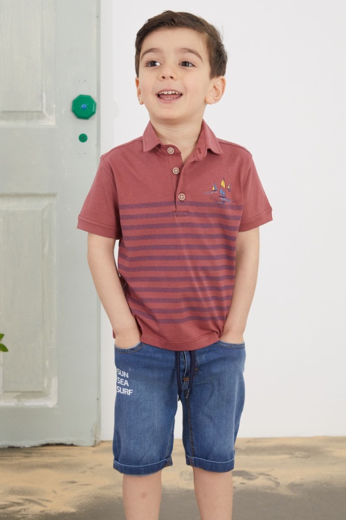 Bordo Çizgili Polo Yaka Tişörtlü Jean Şortlu Erkek Çocuk Takım 18749
