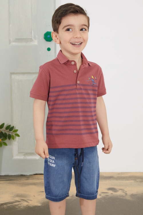 Bordo Çizgili Polo Yaka Tişörtlü Jean Şortlu Erkek Çocuk Takım 18749