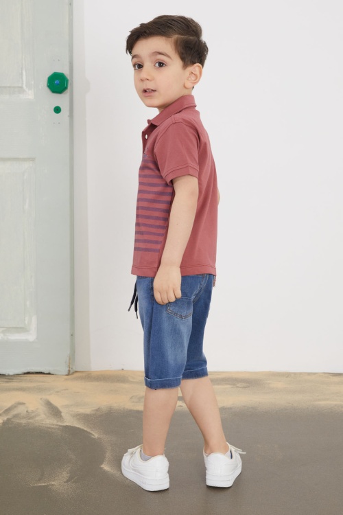 Bordo Çizgili Polo Yaka Tişörtlü Jean Şortlu Erkek Çocuk Takım 18749
