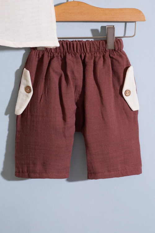 Bordo Hayvan Baskılı Şortlu Erkek Bebek Müslin Takım 18820