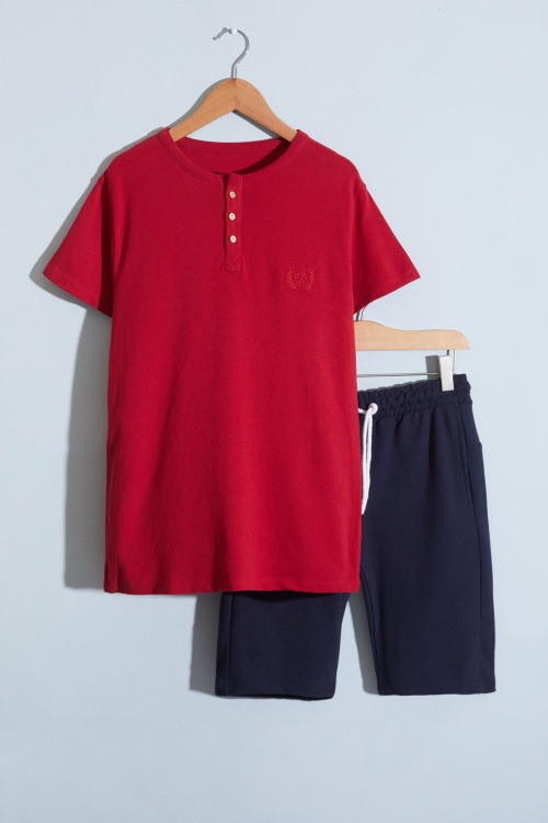 Bordo Kısa Kollu Düğmeli Tişörtlü Erkek Çocuk Şortlu Takım 18639