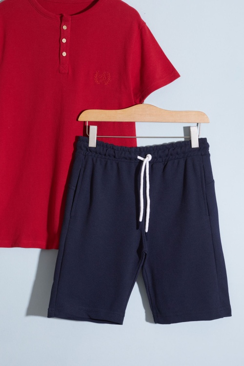 Bordo Kısa Kollu Düğmeli Tişörtlü Erkek Çocuk Şortlu Takım 18639