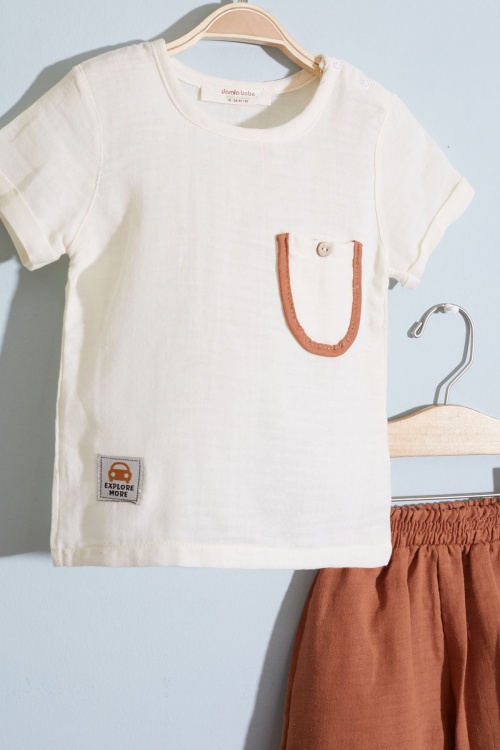 Ekru Cep Detaylı Çıtçıt Yakalı Erkek Bebek Şortlu Takım 18733