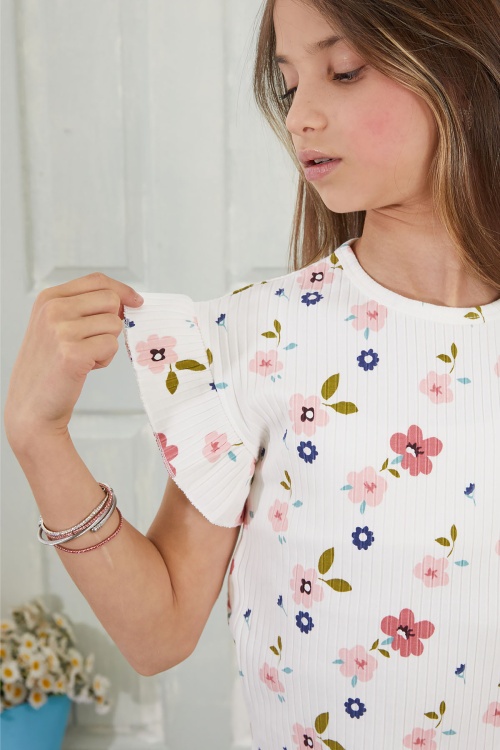 Ekru Çiçek Desenli Fırfırlı Kız Çocuk Şortlu Takım 18818