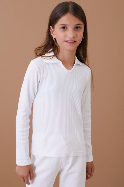 Ekru Fitilli Yakalı Kız Çocuk Uzun Kollu Badi 18879