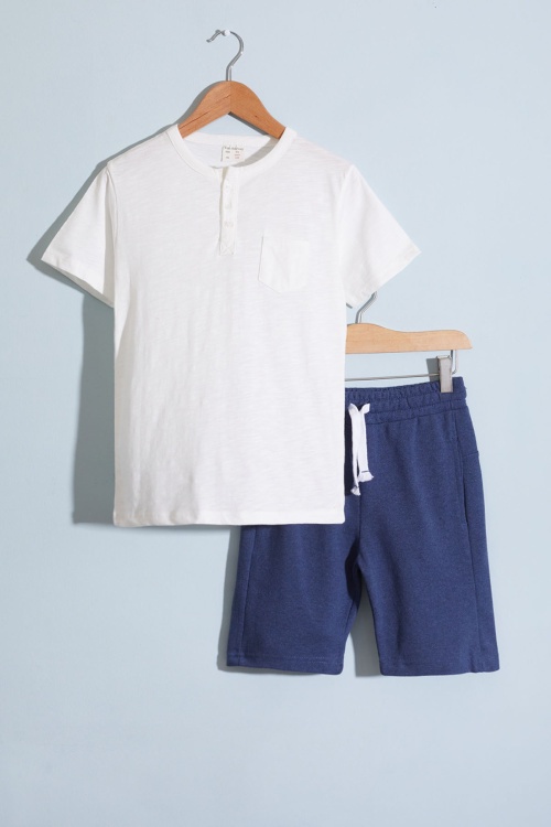 Ekru Kısa Kol Düz Tişörtlü Erkek Çocuk Şortlu Takım 18637