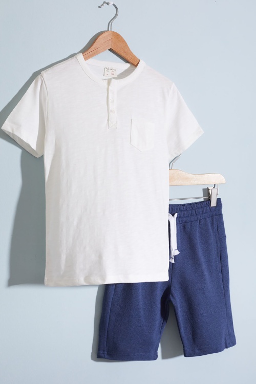 Ekru Kısa Kol Düz Tişörtlü Erkek Çocuk Şortlu Takım 18637