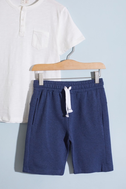 Ekru Kısa Kol Düz Tişörtlü Erkek Çocuk Şortlu Takım 18637