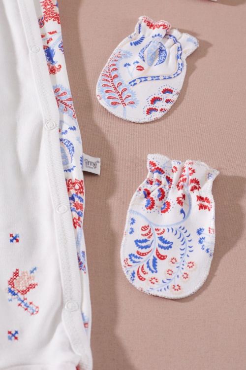 Ekru Lalezar Desenli Şapkalı Eldivenli Kız Bebek 3lü Tulum Takımı 18992