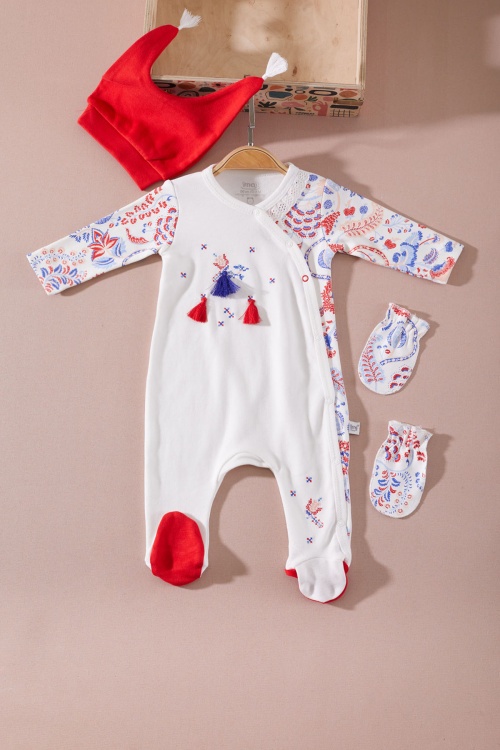 Ekru Lalezar Desenli Şapkalı Eldivenli Kız Bebek 3lü Tulum Takımı 18992