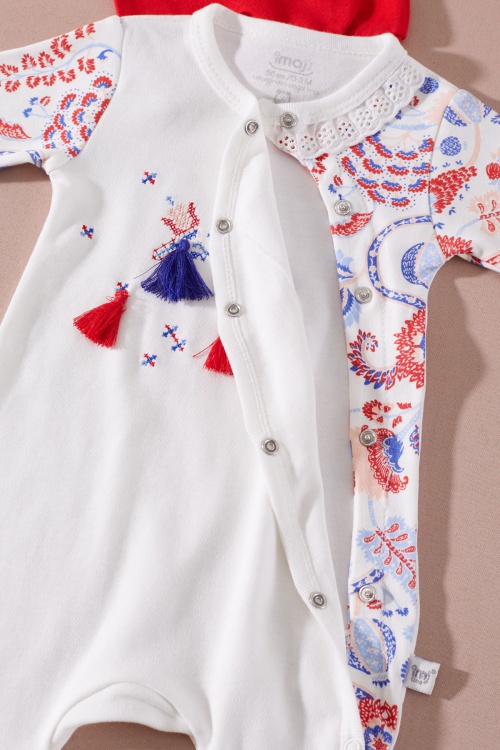 Ekru Lalezar Desenli Şapkalı Eldivenli Kız Bebek 3lü Tulum Takımı 18992