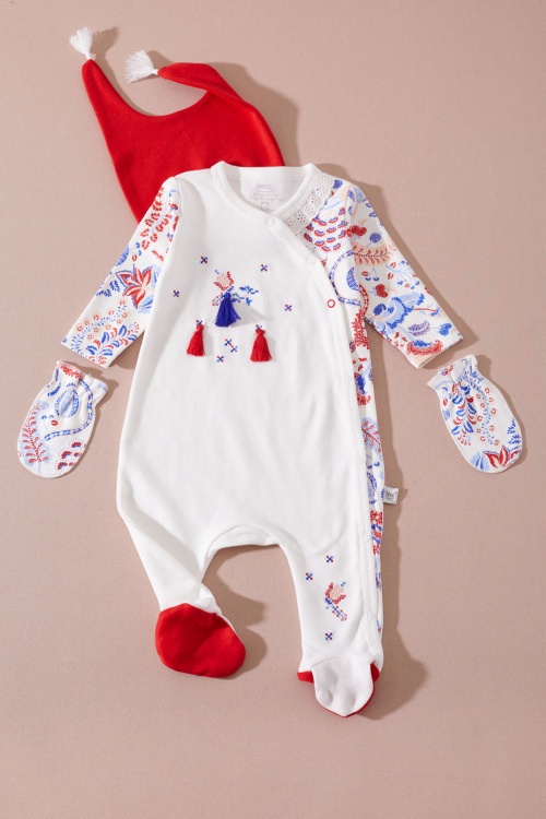 Ekru Lalezar Desenli Şapkalı Eldivenli Kız Bebek 3lü Tulum Takımı 18992