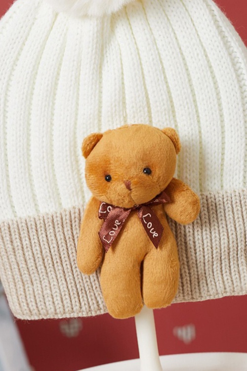 Ekru Sevimli Ayıcıklı Renkli Ponponlu Çocuk Bere 17239