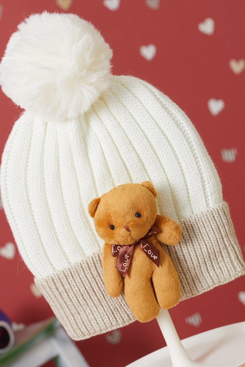 Ekru Sevimli Ayıcıklı Renkli Ponponlu Çocuk Bere 17239