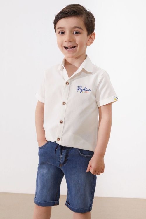 Ekru Yazı Baskılı Gömlekli Jean Şortlu Erkek Çocuk Takım 18966