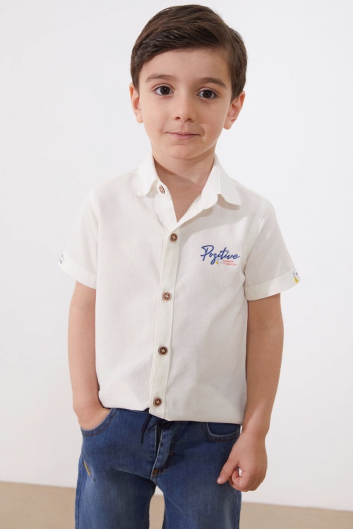 Ekru Yazı Baskılı Gömlekli Jean Şortlu Erkek Çocuk Takım 18966