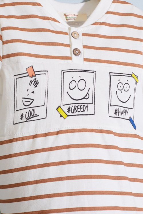 Erkek Bebek Kahverengi Çizgili Emoji Baskılı Şortlu Takım 18603