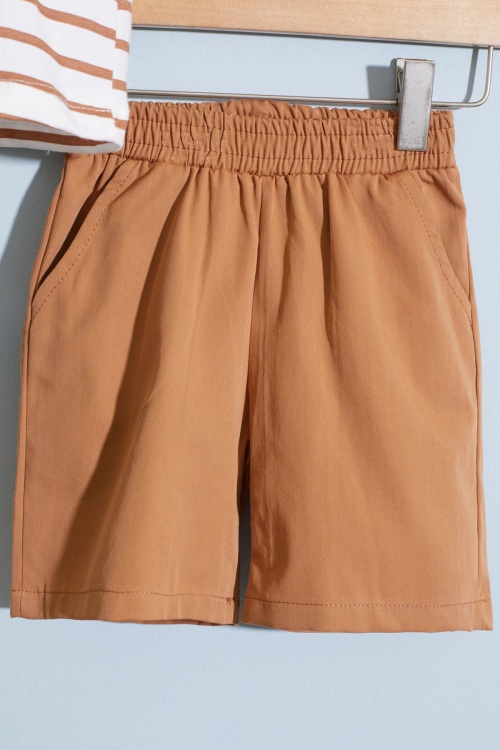 Erkek Bebek Kahverengi Çizgili Emoji Baskılı Şortlu Takım 18603