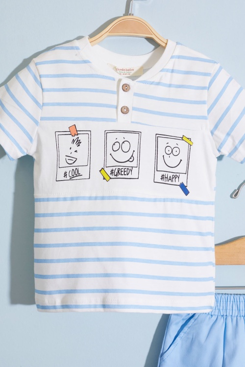 Erkek Bebek Mavi Çizgili Emoji Baskılı Şortlu Takım 18601