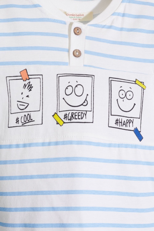 Erkek Bebek Mavi Çizgili Emoji Baskılı Şortlu Takım 18601