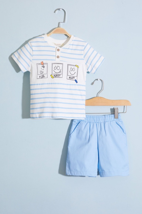 Erkek Bebek Mavi Çizgili Emoji Baskılı Şortlu Takım 18601