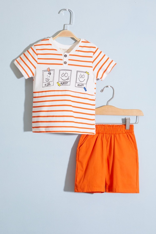 Erkek Bebek Turuncu Çizgili Emoji Baskılı Şortlu Takım 18604