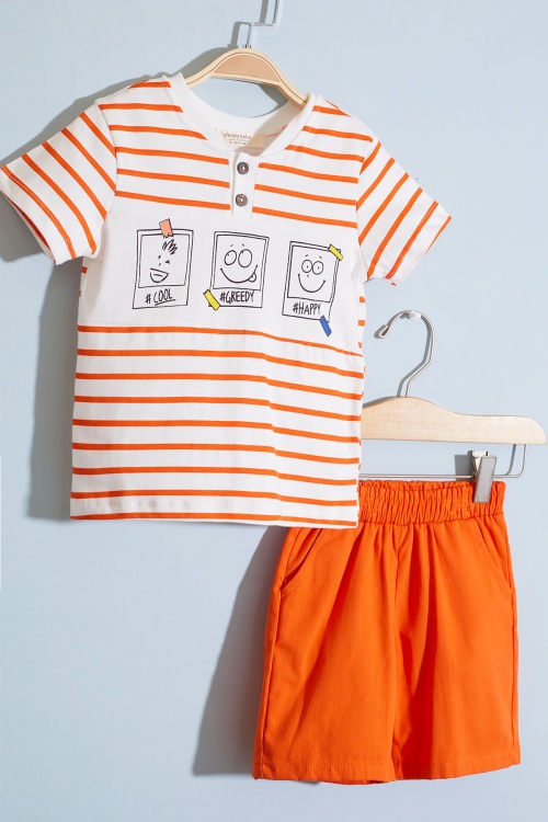 Erkek Bebek Turuncu Çizgili Emoji Baskılı Şortlu Takım 18604