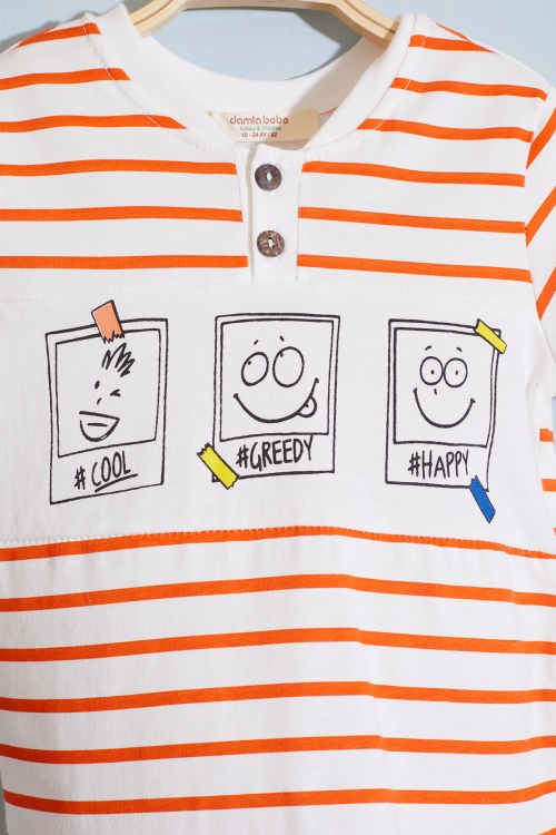 Erkek Bebek Turuncu Çizgili Emoji Baskılı Şortlu Takım 18604