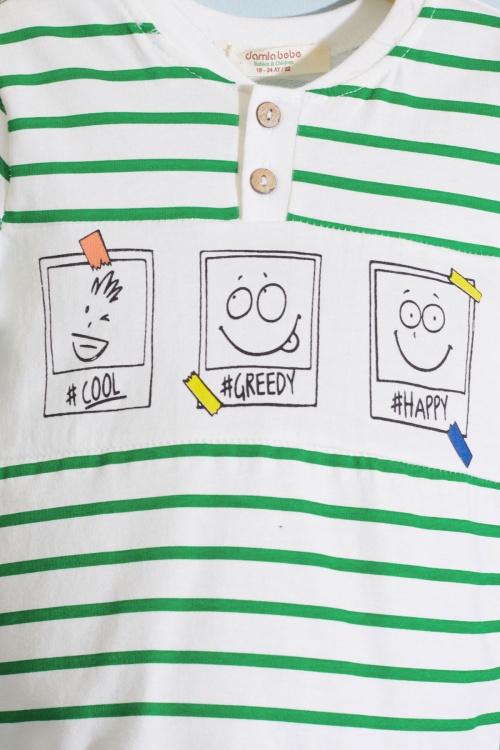Erkek Bebek Yeşil Çizgili Emoji Baskılı Şortlu Takım 18602