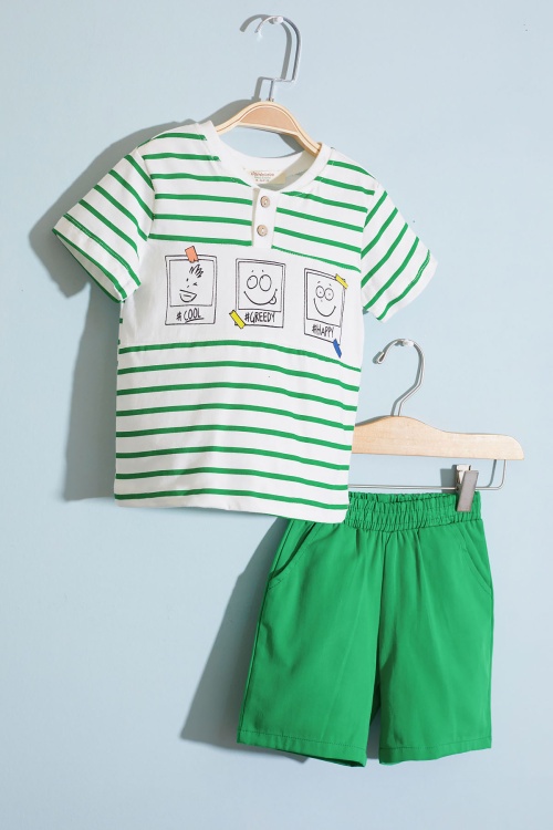 Erkek Bebek Yeşil Çizgili Emoji Baskılı Şortlu Takım 18602