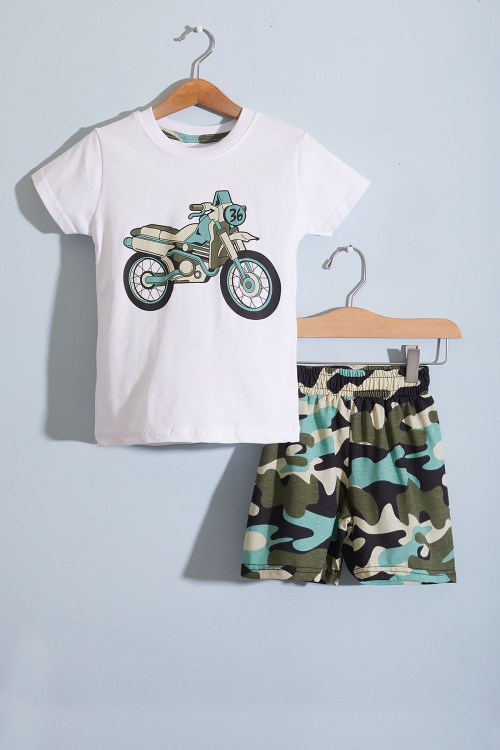 Erkek Çocuk Beyaz Baskılı Kamuflaj Desenli Şortlu Takım 18665
