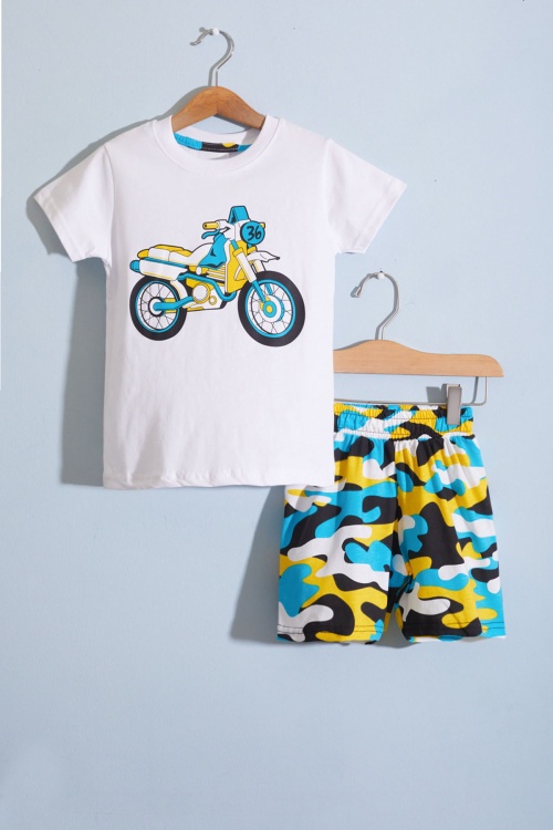 Erkek Çocuk Ekru Baskılı Kamuflaj Desenli Şortlu Takım 18668