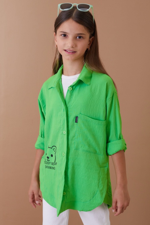 Fıstık Yeşili Ayıcık Baskılı Yırtmaçlı Kız Çocuk Düğmeli Gömlek 18487