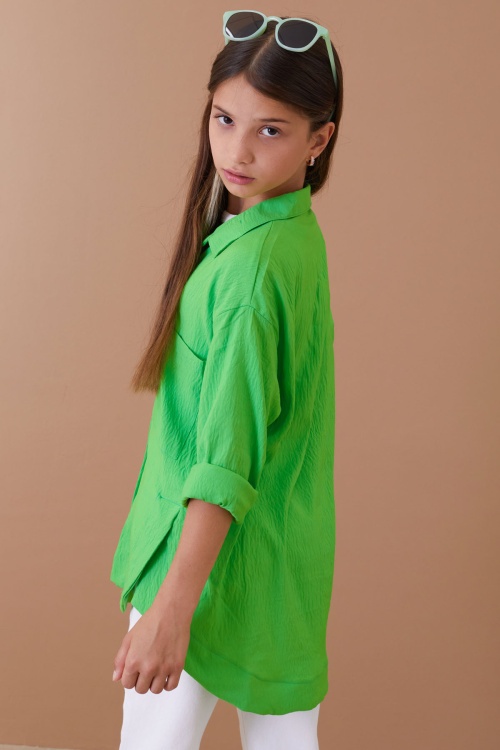 Fıstık Yeşili Ayıcık Baskılı Yırtmaçlı Kız Çocuk Düğmeli Gömlek 18487