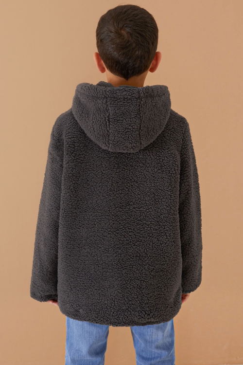 Füme Göğüs Cepli Kapüşonlu Erkek Çocuk Peluş Hırka 19503