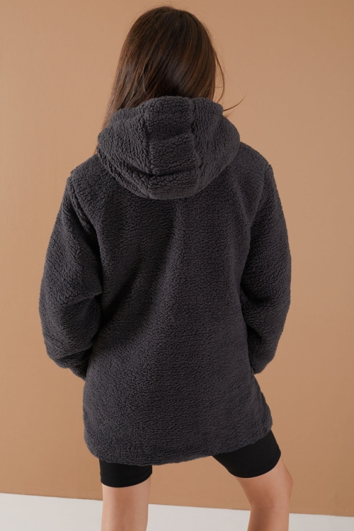 Füme Göğüs Cepli Kapüşonlu Kız Çocuk Peluş Hırka 19500