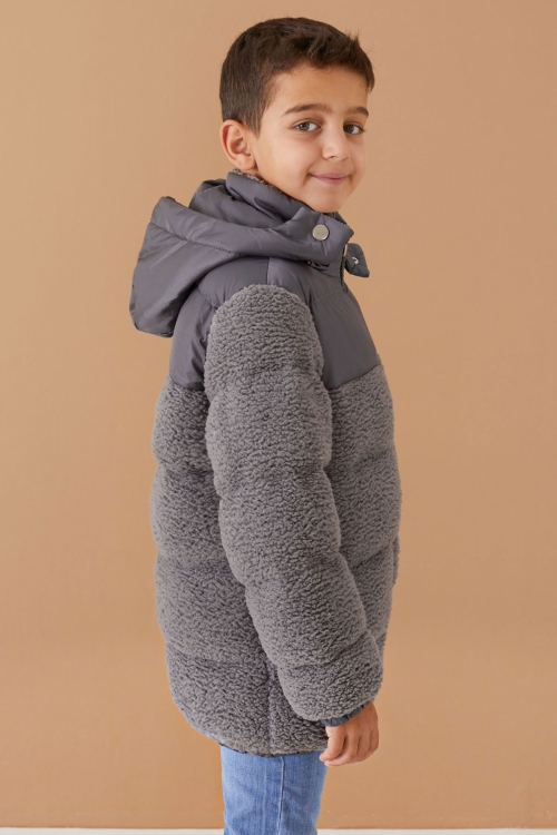 Füme Kapüşonlu Astarlı Erkek Çocuk Peluş Mont 19324