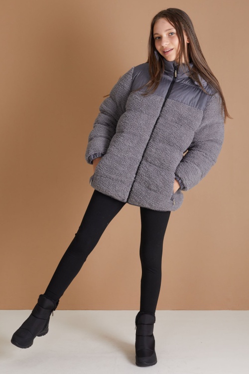 Füme Kapüşonlu Astarlı Kız Çocuk Peluş Mont 19320