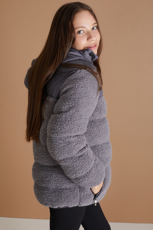 Füme Kapüşonlu Astarlı Kız Çocuk Peluş Mont 19320