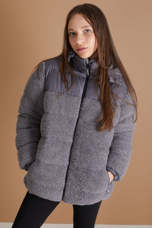 Füme Kapüşonlu Astarlı Kız Çocuk Peluş Mont 19320